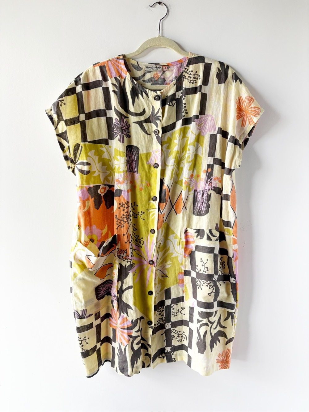 Gravel & Gold Linen Abstract Geometric Floral Button Front Shift Dress Pockets
